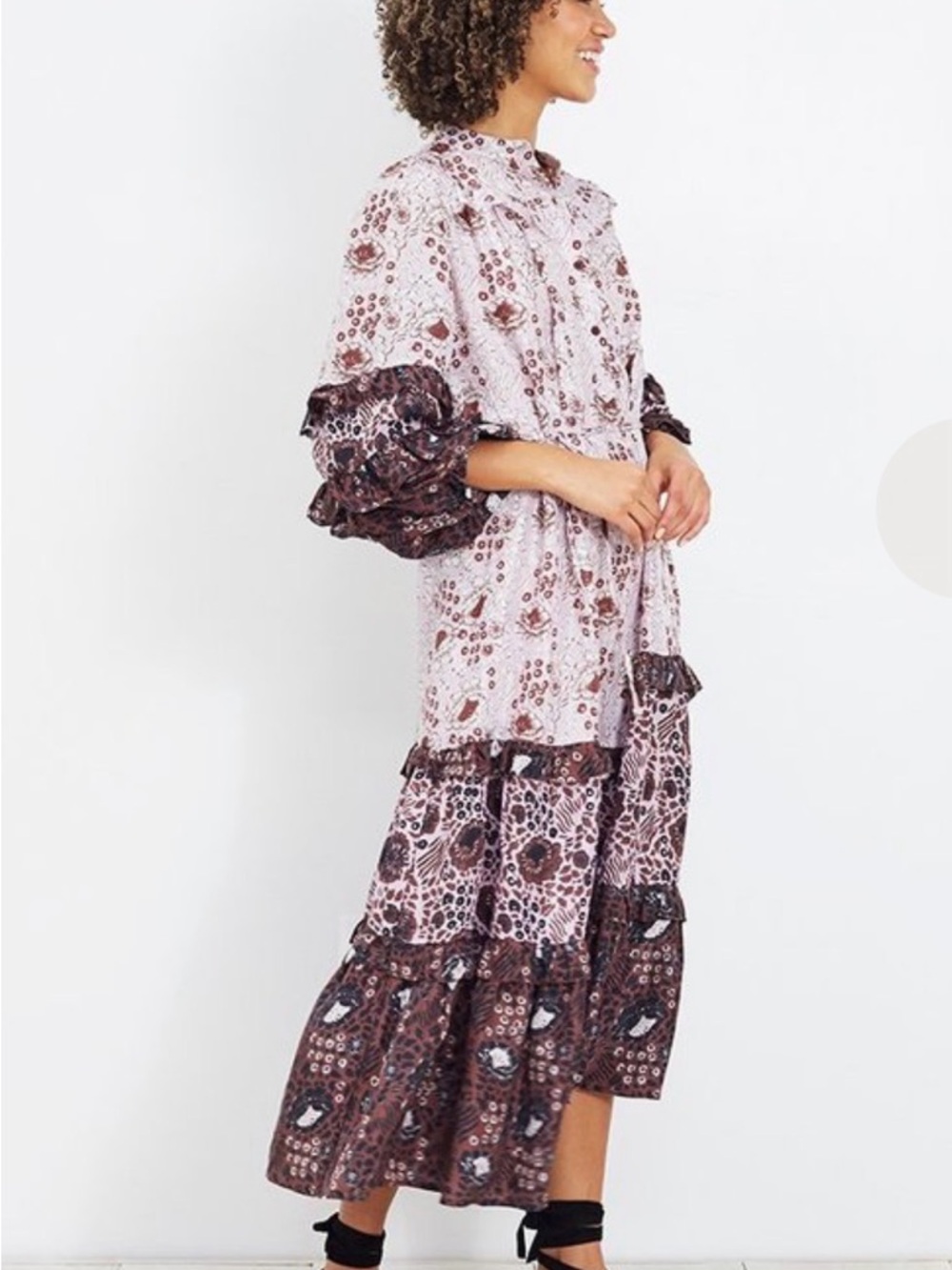 Apiece Apart Gracia Flamenca Pink and Brown Tiered Maxi Dress in Sombras floral